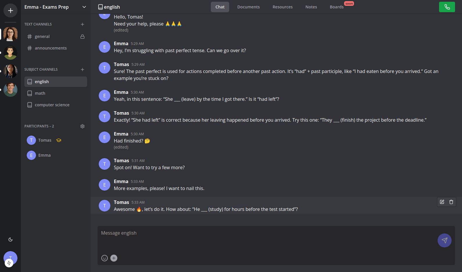 Chat interface showing student-tutor interaction