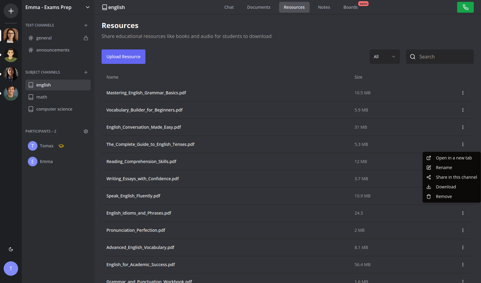Resources library interface